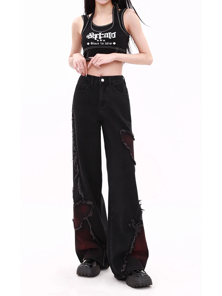 WCFCX STUDIO Women\'s Black Baggy Jeans Harajuku Y2k Aesthetic Butterfly Denim Trousers Korean Jean Pants Vintage Wide Leg Pants