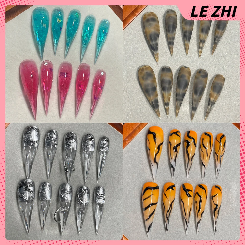 

10Pcs Spicy Girl Long Beast Claw Handmade Wearable Press On Nails Tiger Pattern Magic Mirror Powder Colorful Gradients Fake Nail