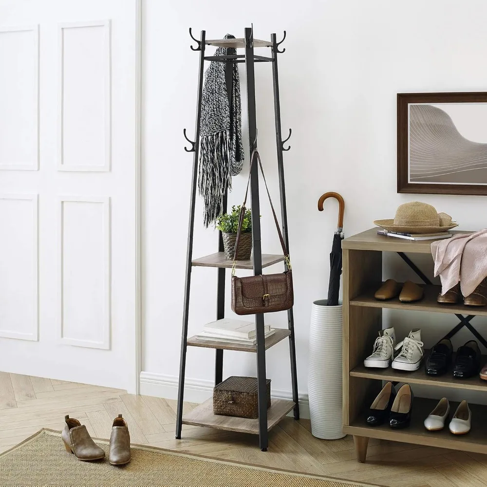 Coat Rack, Coat Stand with 3 Shelves, Hall Tree Free Standing with Hooks for Scarves, Bags, Umbrellas, Steel Frame, Indu