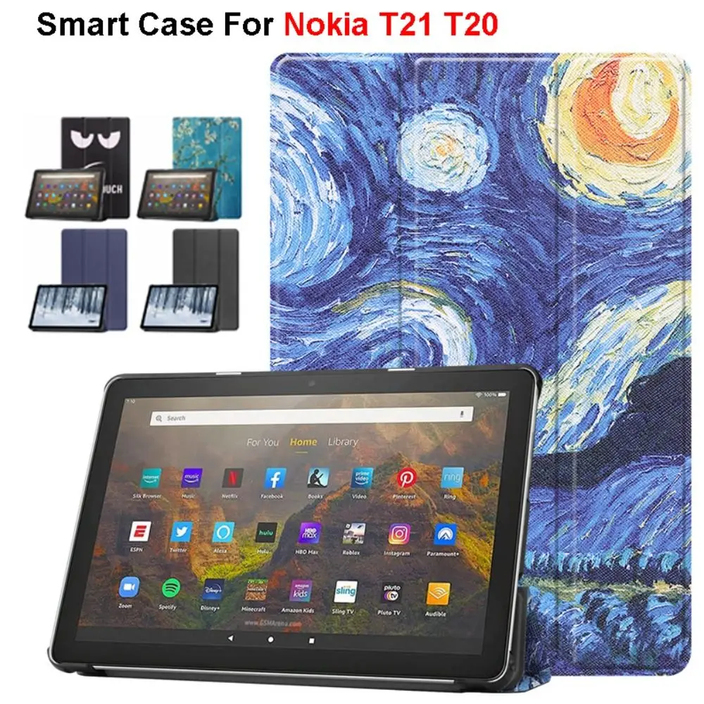 

Tri-Folding Stand 10.4 Inch Tablet Case Auto Sleep/Wake Shockproof Tablet Cover Wear-resistant Leather for Nokia T21 T20