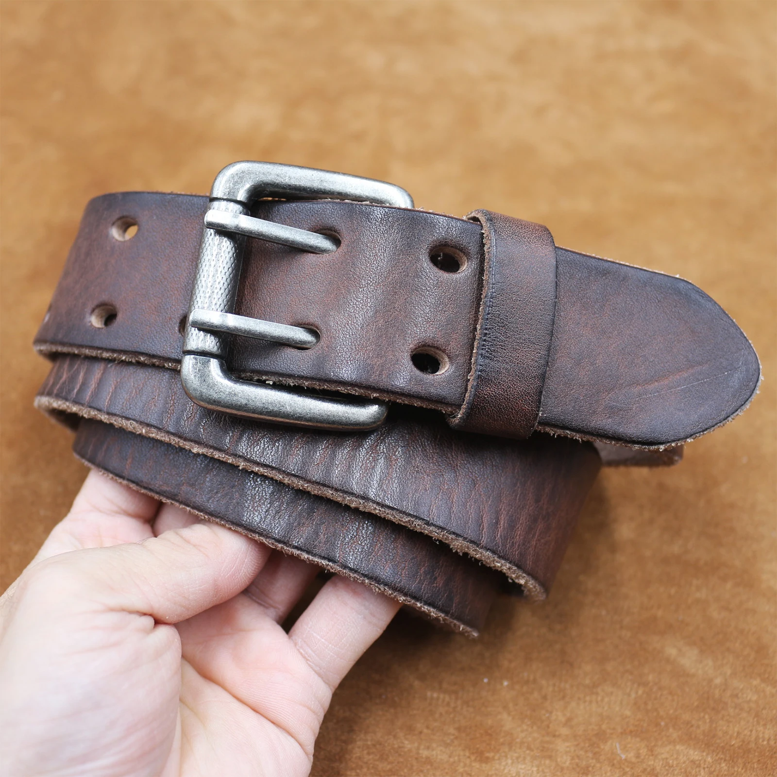 Genuine leather Belt Men Handmade Vintage Double pin buckle Men Belts Fashion Top Quality Cowhide Male Strap For Jeans