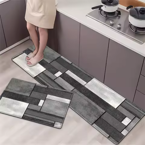 VIKAMA 1/2pcs Modern Geometric Kitchen Floor Mat Stain-Resistant, Easy-Clean Hallway Rug Bathroom Anti-Slip Foot Mat Home Decor
