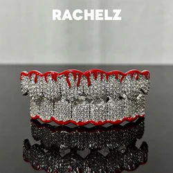 RACHELZ 8/8 Red Flame Iced Out CZ Stone Teeth Grillz Braces Hip Hop Cubic Zircon Tooth Caps For Women Men Jewelry Gift