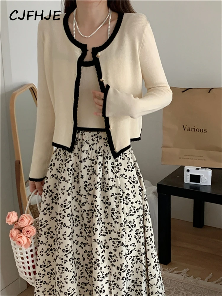 CJFHJE Sweet Korean Fashion Beige Two Piece Set Women Cardigan Black Vintage Spring Winter Knitted Cardigans Elegant Lady Tops