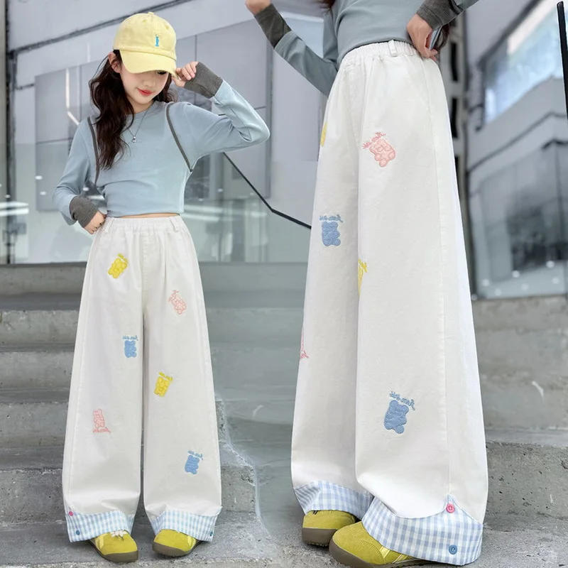 Kids Wide Leg Pants with Cartoon Embroidery Children's Cuffed Loose Floor Dragging Trousers Girls Straight Leg Cotton Sweatpants