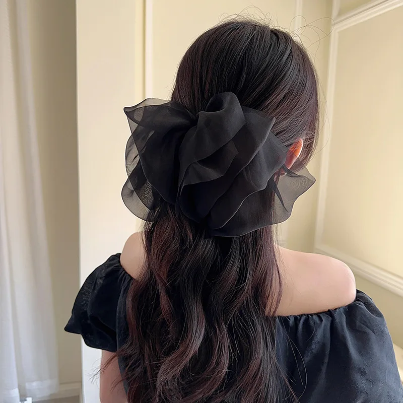 Ethereal Black Mesh Butterfly Bow Spring Clip Heightening Crown for Back Head Ponytail Updo Office Festival