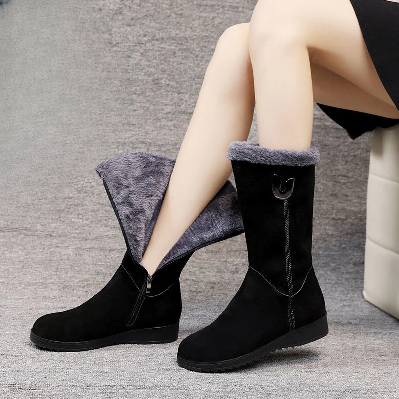 Warm High Fur Boots Women Winter Women Shoes Thick Soled Mid Calf Plush Fashion Wear Resistant Casual Snow Flat Boots