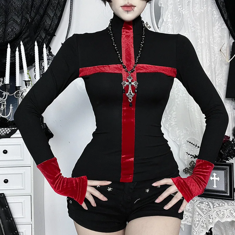 Mall Gothic Slim Tops for Women Casual Top Tees Goth Dark Flocking Punk Long Sleeve Cross T-shirts Y2K Alt clothes Halloween