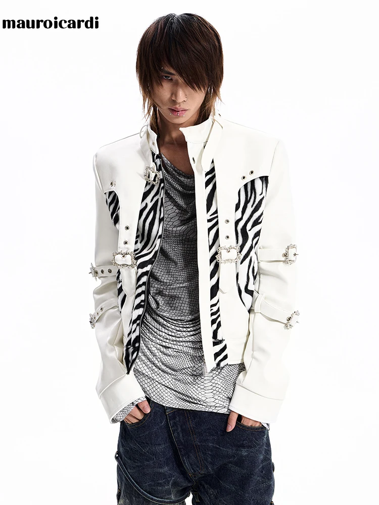 Mauroicardi Autumn Short Zebra Print Faux Fur Patchwork Pu Leather Jacket Men Luxury Designer Streetwear Menswear  Clothes 2026