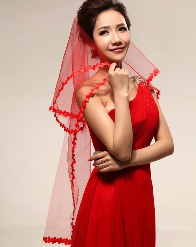 Red One Layer Tulle  Wedding Party  Veil without Comb Short Leaf Trim  Headpiece Bridal   Marriage Accessories