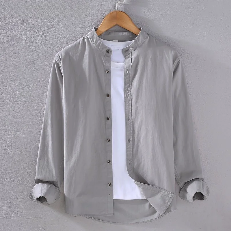 

Осенняя хлопково-льняная свободная посадка Long Sve irt с воротником-стойкой, тонкая повседневная однотонная мужская верхняя одежда, весенний сезон