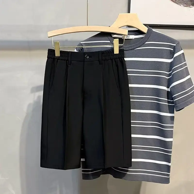 2024 Summer Business Casual Fashion Minimalist Solid Color Versatile Elastic Waist Pocket Oversized Thin Breathable Suit Shorts