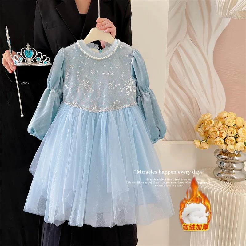 Girls Autumn Winter Mesh Bow Princess Dress Kids Student Sequin Dress, Baby Warm Puff Dress Children Casual Holiday Party Outfit
