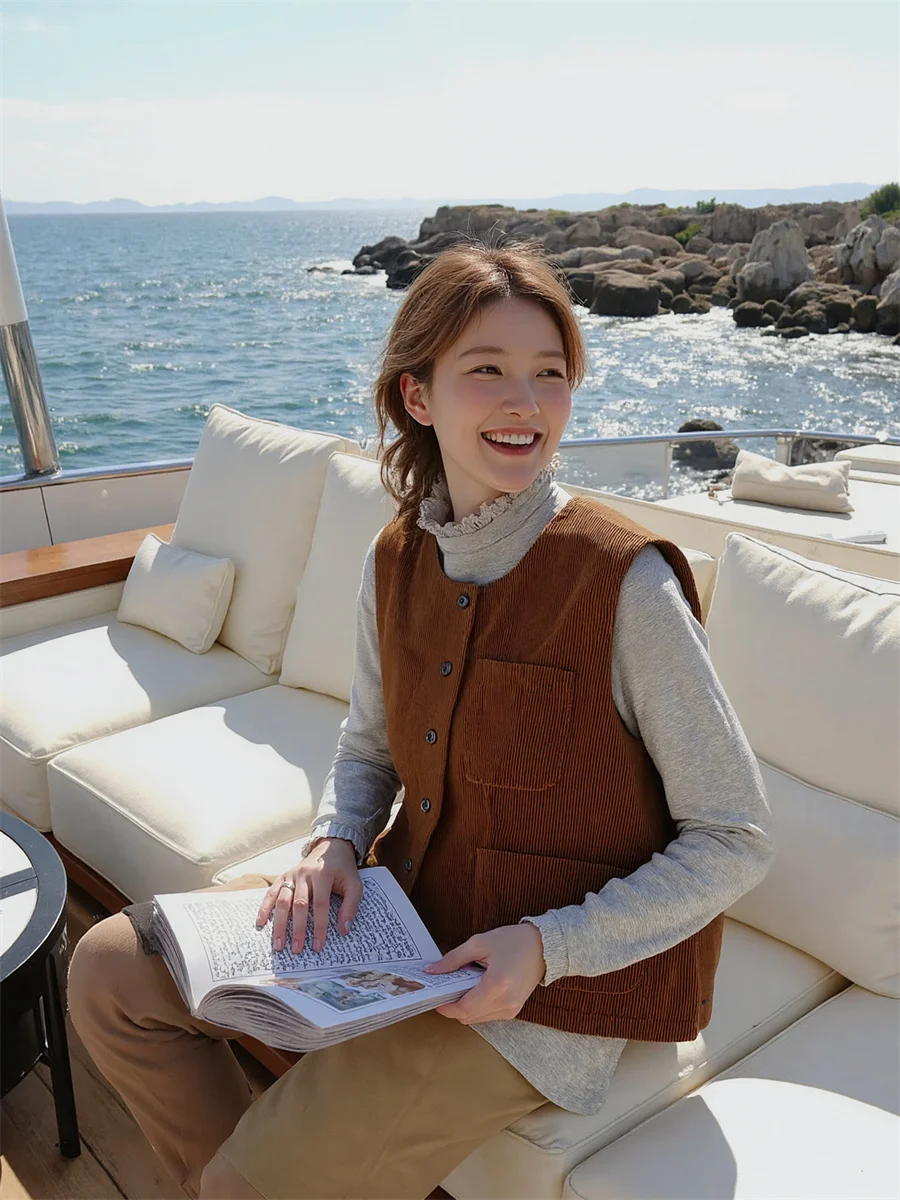 

Women'S Vests Oversized Woman Brown Loose Fit Autumn Thick Western Style Leather Front Sleeveless Female Cool Warm Wearable