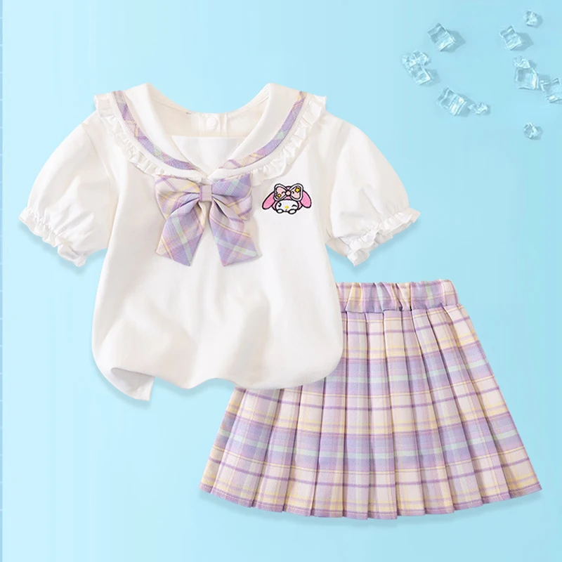 

2Pcs Sanriou Uniform Suit My Melody Short-Sleeved Shirt Pleated Skirt Girl Clothing Child Skirt Jk College Style Festival Gift