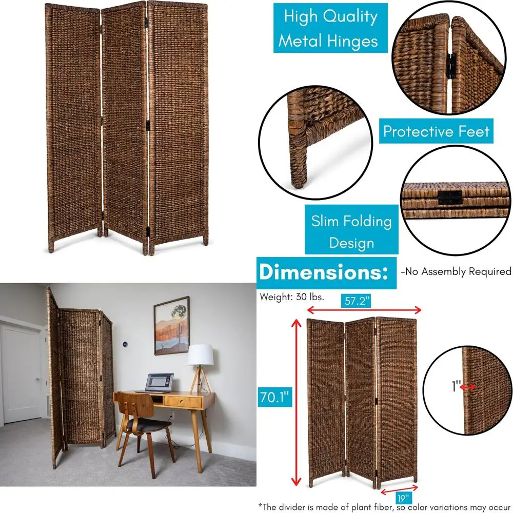 Divisor de habitación plegable de algas marinas, lavado marrón, 3 paneles, Abaca tejida a mano, pantalla divisoria para decoración del hogar