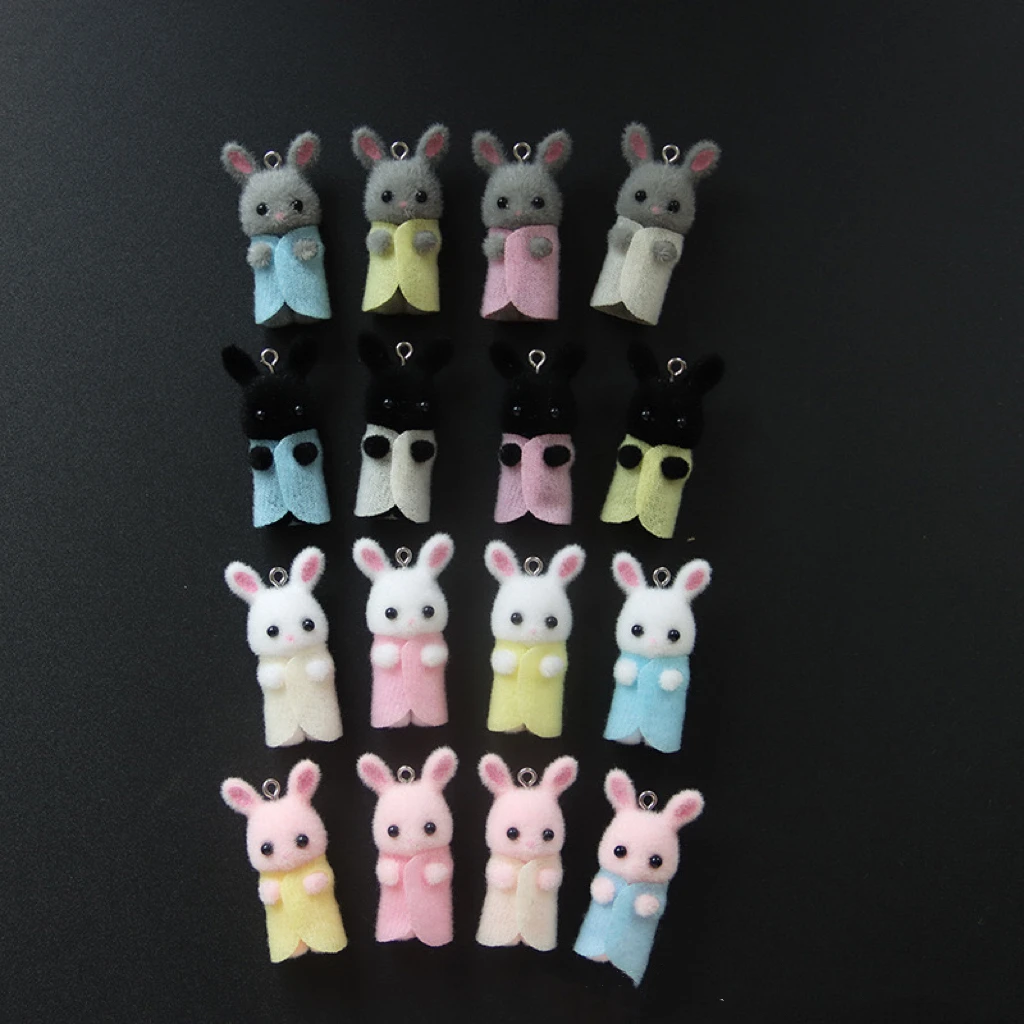 30Pcs 3D Kawaii rabbit in clothes Charms Cartoon Animal Flocking Resin Pendant For Making Earrings Keychain Accessories Supplies