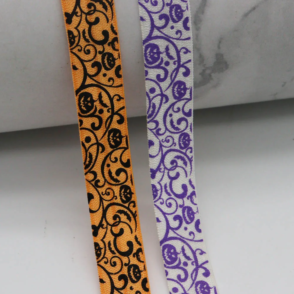 

5/8" 15mm Heat Transfer Halloween Pumpkin Vine Printed Fold Over Elastic FOE Ribbon For DIY Hair Band Party Decoration