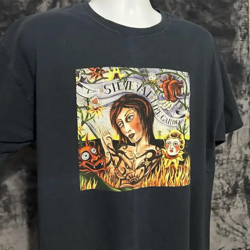 تي شيرت VTG Steve Vai Fire Garden Cover للرجال مقاس XL أسود مزدوج الجوانب