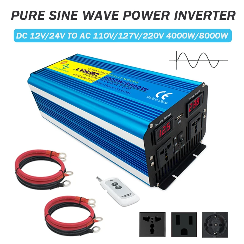 Pure Sine Wave Power Inverter 8000W DC 12V/24V to AC 110V/127V/220V Portable Voltage Converter Solar Car Inverter Remote Control