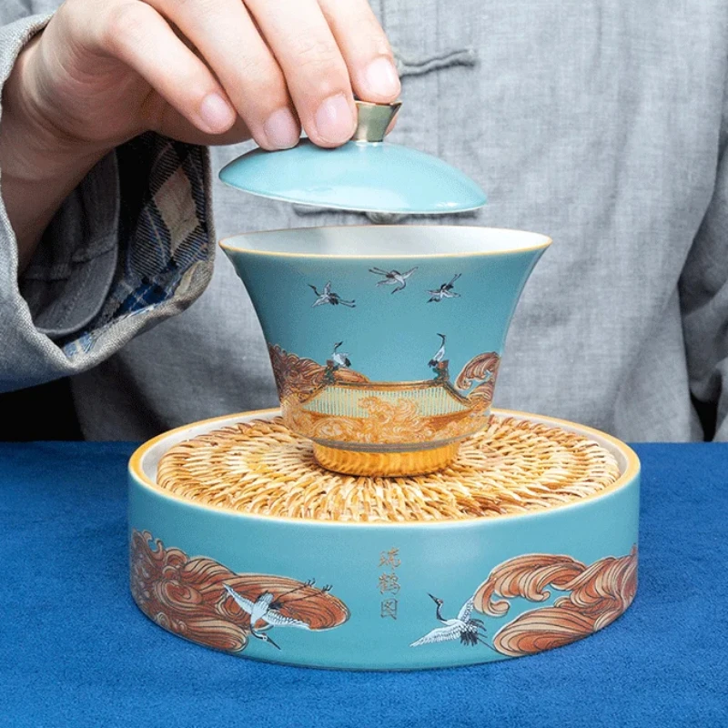 

Tri-ColorCeramicGaiwan Set - ChineseSancaiTeaCupwithFair Cup & Pot Holder for Gongfu Brewing, TraditionalTea CeremonyAccessories