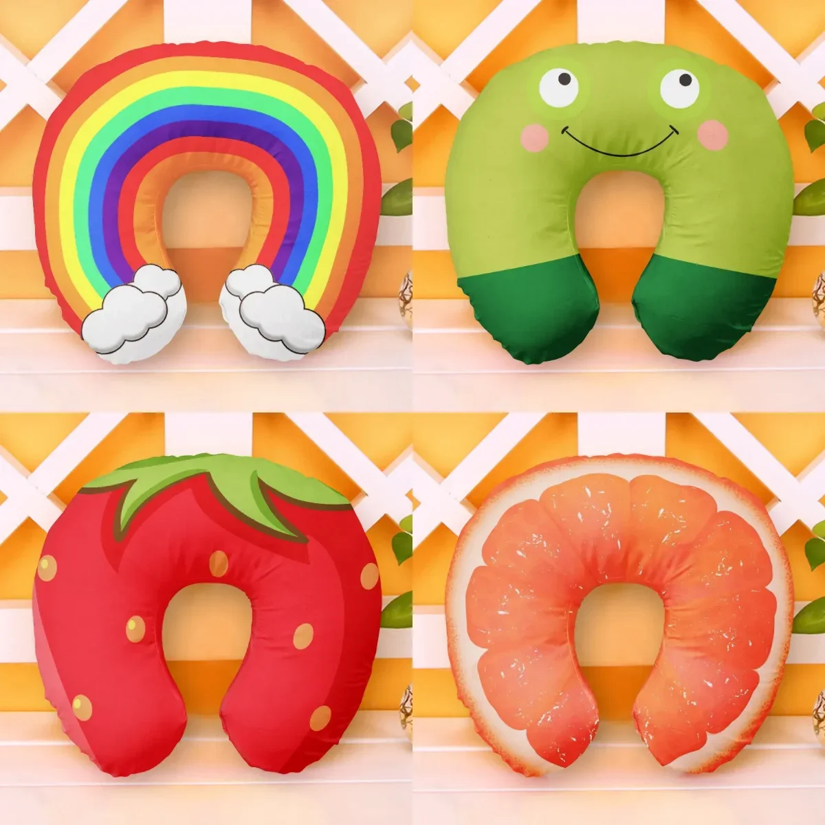 

INS Style U Shaped Pillow Frog Strawberry Rainbow Cushion Neck Pillow Car Travel Inflatable Pillow Travel Accessories For Adult