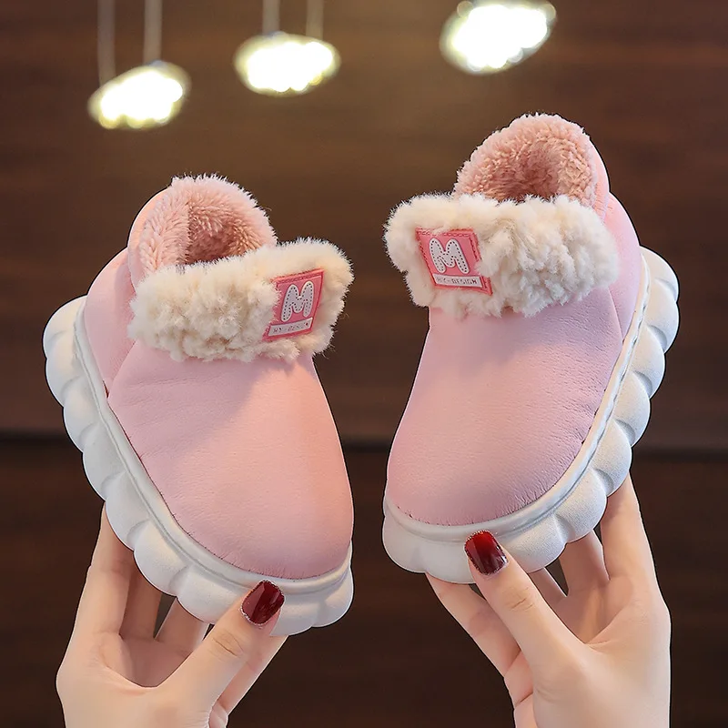 Family Matching Cotton-padded Shoes Warm Winter Thick Velvet PU Leather Waterproof Kids Boys Girls Children Parents Home Shoes