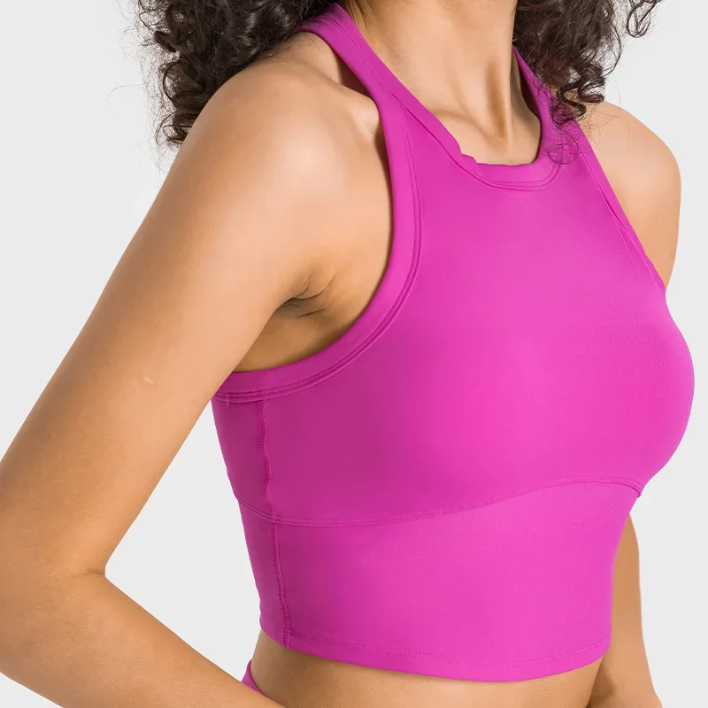 A Dupe Medium Impact Seamless Delight High Neck Lycra Bra Longline Silhouette Compressive Fit Fitness Yoga Vest Built in Bra Top