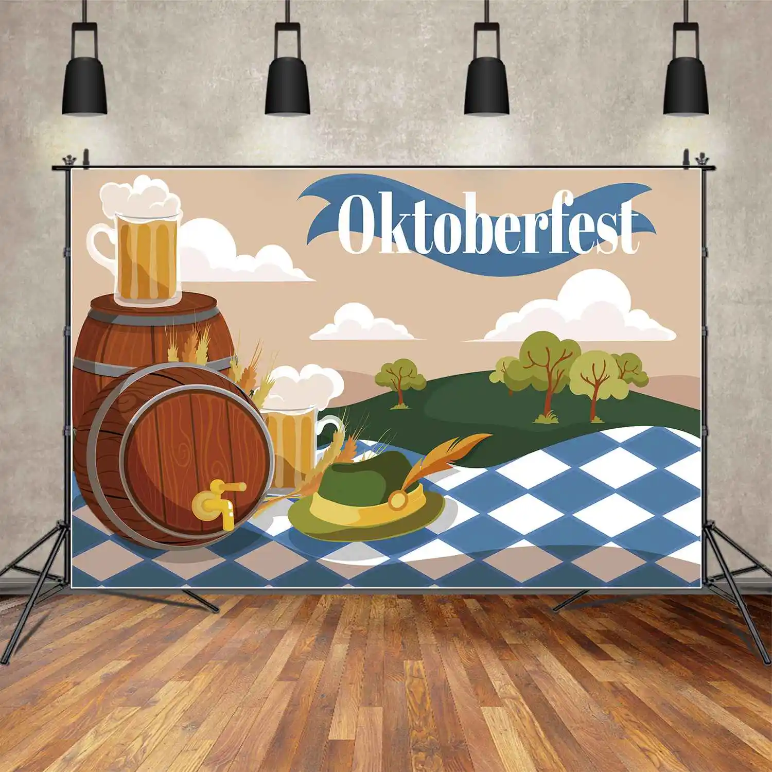 MOON.QG Backdrop Oktoberfest Party Beer Festival Outdoor Picnic Party Background Green Hill Blue Check Cloth Barrel Photo Booth