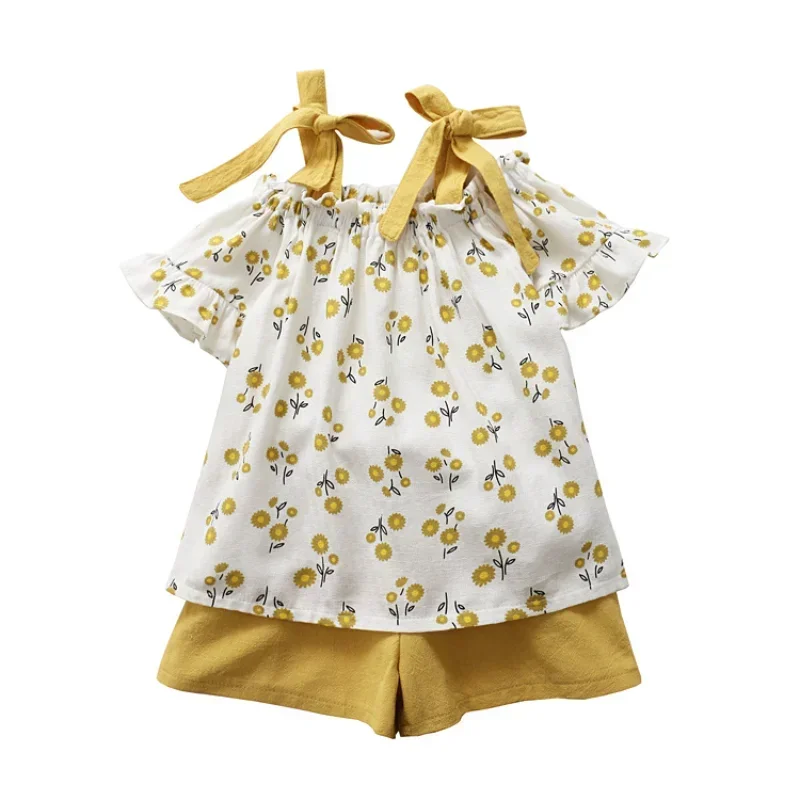 Sweet Baby Girls Clothing Sets Summer Kids Clothing Sleeveless Floral T-shirt Shorts Pants 2Pcs Suit Bow Children Girl Suit