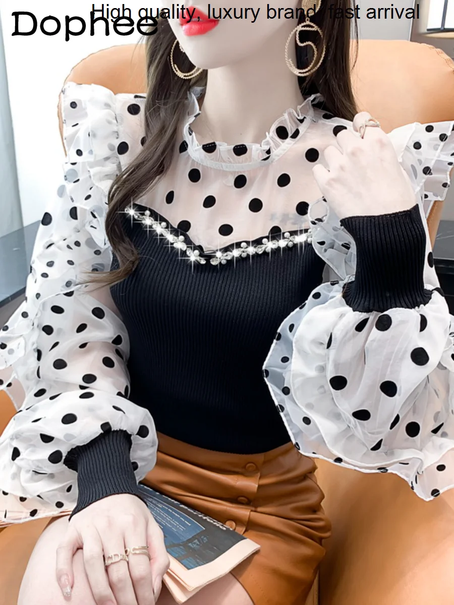 

Винтажная облегающая трикотажная рубашка в горошек с оборками в дворцовом стиле, черный свитер, Женский пуловер на осень и зиму, 2023