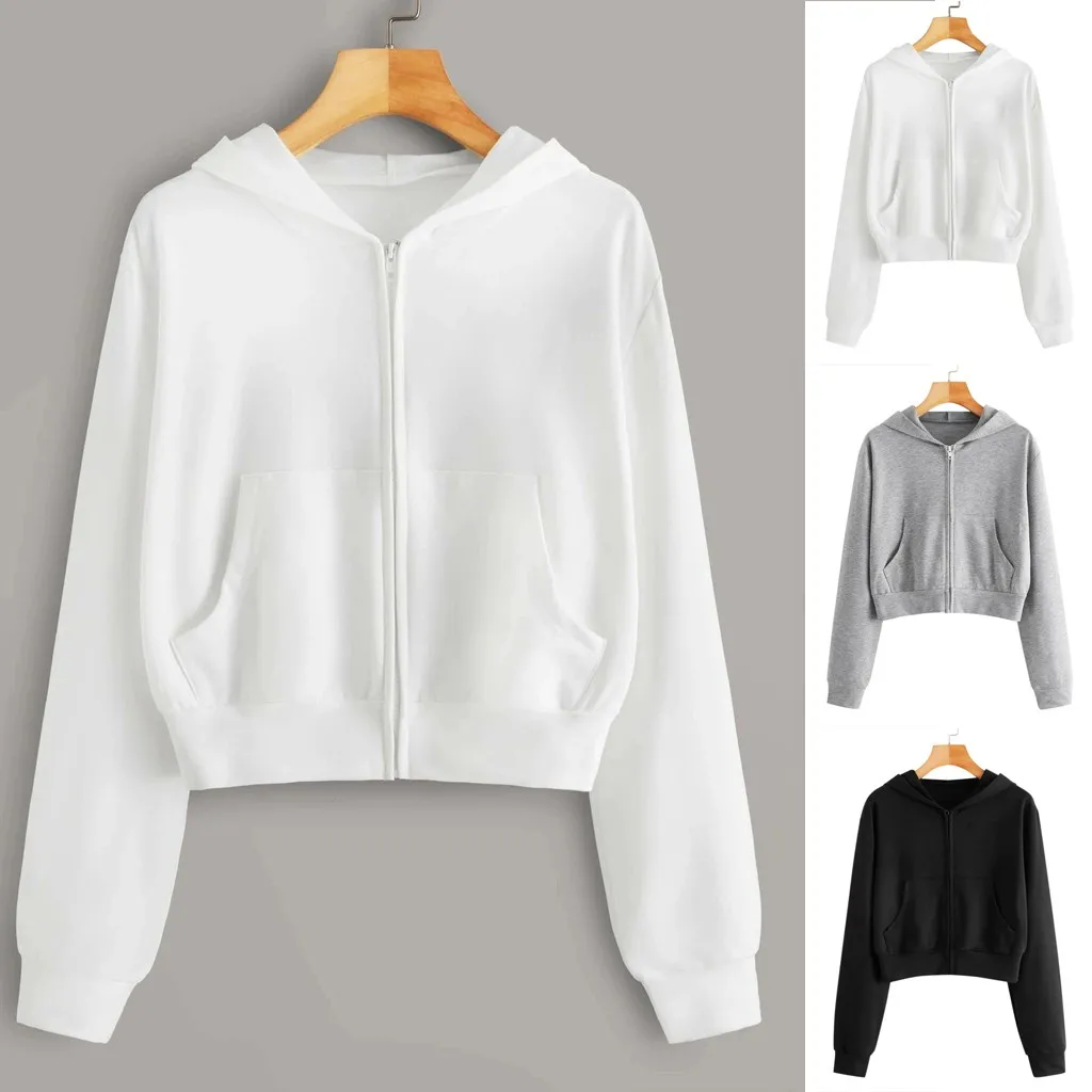 Autumn Women\'s Basic Zipped Sweatshirt Jacket Casual Loose Solid Colour Sweatshirt Comfortable Long Sleeve Hooded Sweatshirt