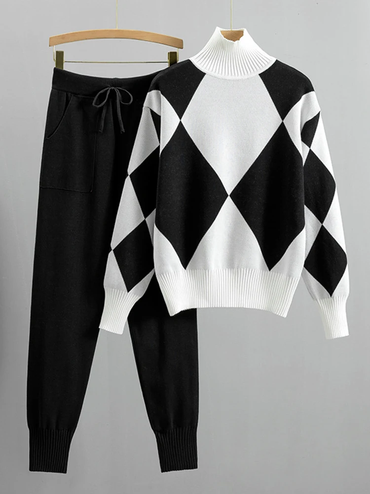 LANMREM Fashion Knited Set Women\'s Turtleneck Plaid Sweater With Drawstring Elastic High Waist Pants Autumn Casual 2Z2433