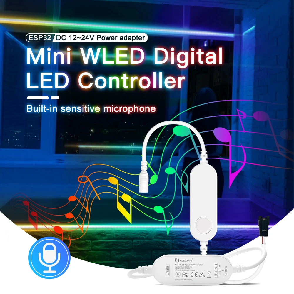 

WLED LED ESP32 Mini LED Strip Controller DC12-24V Dimmer RGB IC Digital with Mic Sound Mode Dynamic Lighting DIY for WS2811 WS28