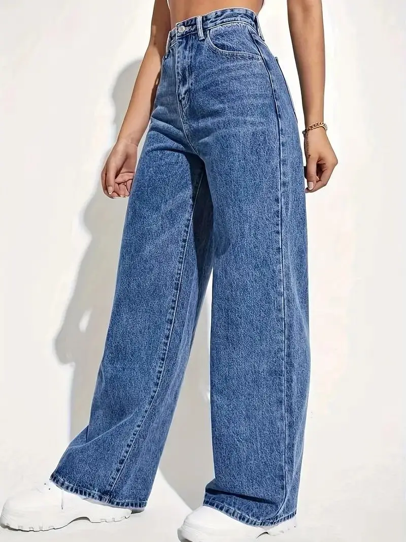Modne retro niebieskie jeansy damskie y2k, luźne spodnie proste w stylu high street, spodnie wyszczuplające z wysokim stanem. — zdjęcie 5