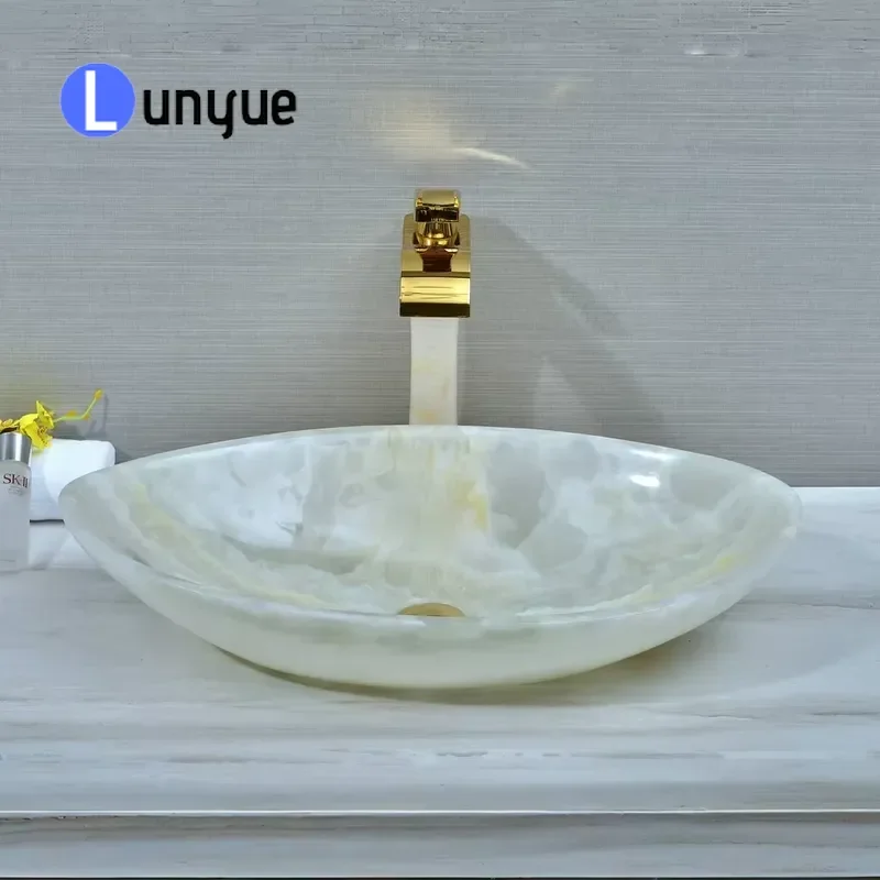Luxury White Onyx Bathroom Vessel Sink Large Single Basin Art Washbasin for Countertop Cabinet Modern Home Decor