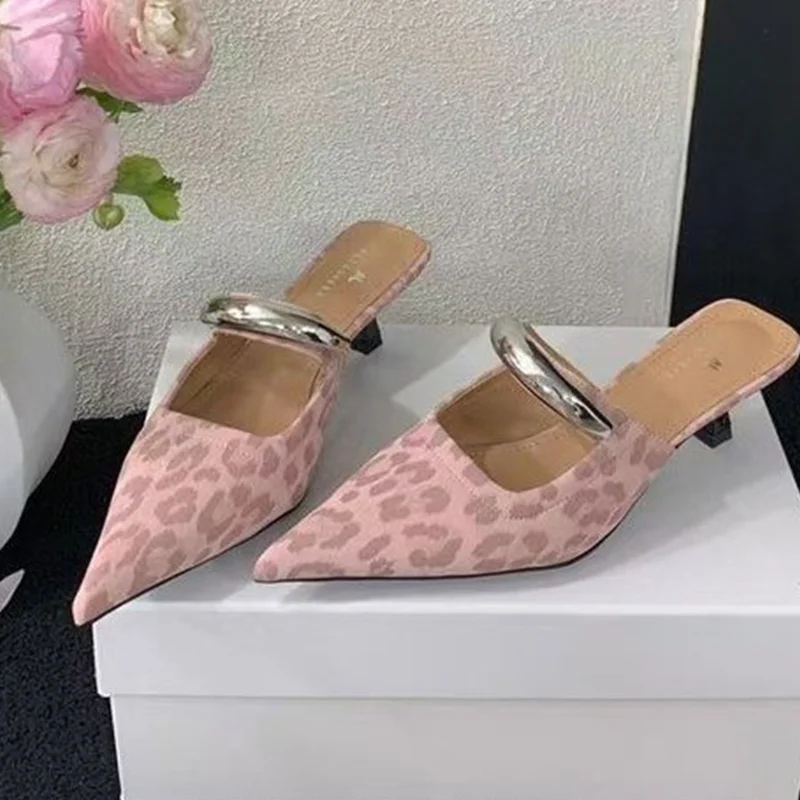 

Leopard Women Pointed Toe Slippers Fashion Elegant Heeled Shoes Casual Slingback Pumps Woman Cozy Sandals 2025 Summer Lady Shoes