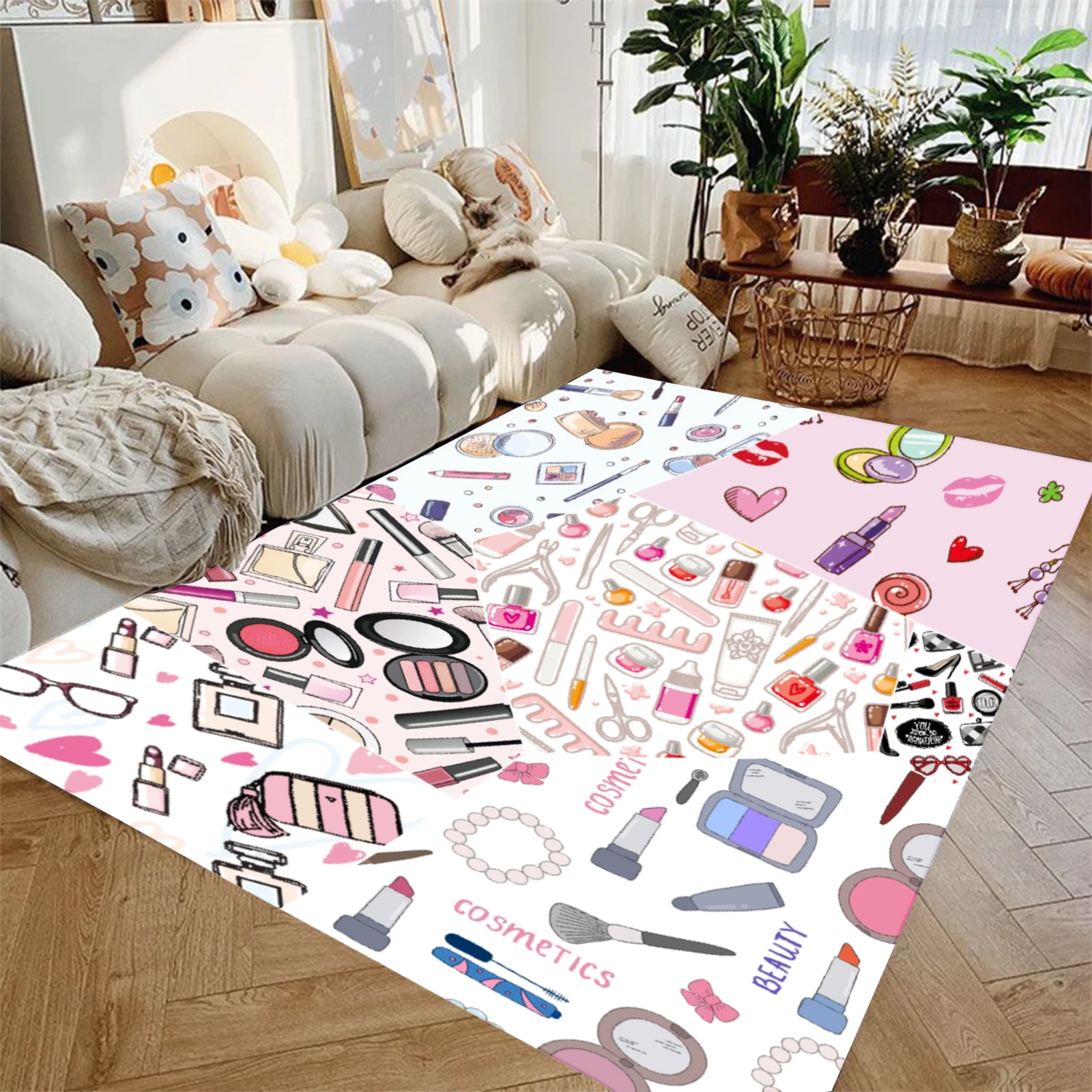 Cute Cosmetics Makeup Pattern Carpet Waterproof Living Room Floor Mat Bedroom Aesthetic Decor Non Slip Home Decoration Rug