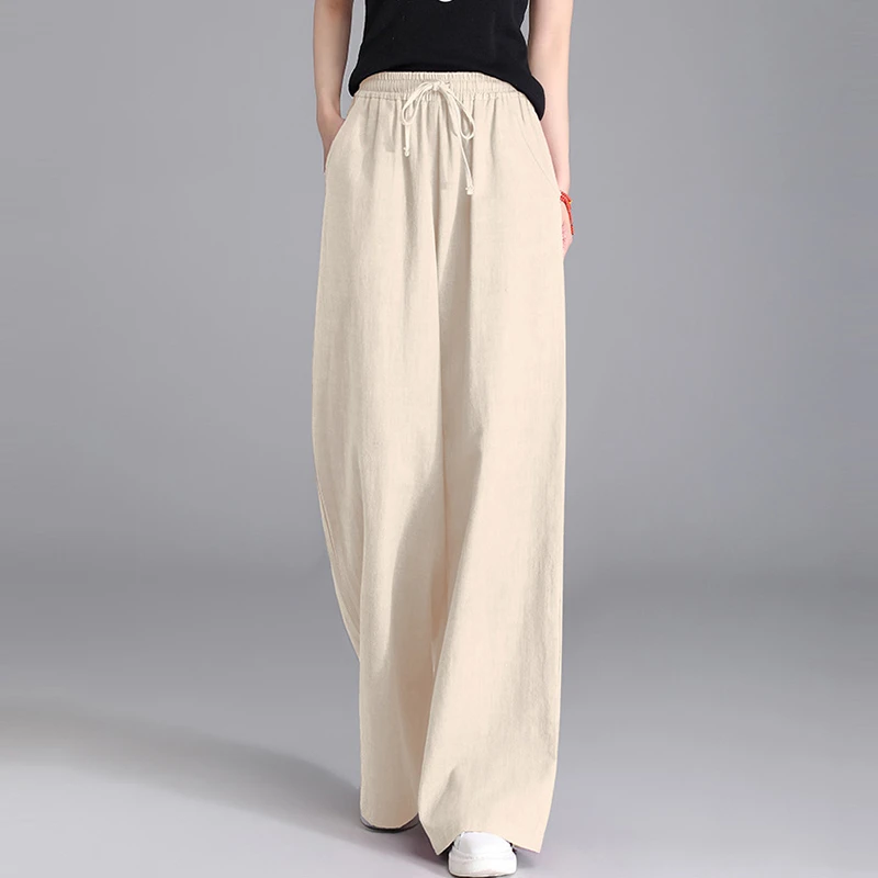 Hoge Taille Katoen Linnen Wijde Pijpen Broek Vrouwen Nieuwe Collectie 2025, Lente Vintage Stijl Effen Kleur Vrouwelijke Casual Broek M1463