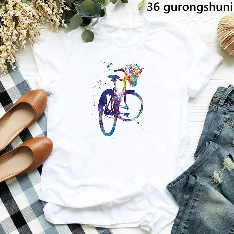 

Summer Fashion Tshirt Women Watercolor Bicycle/Butterfly/Angel Print T-Shirt Femme Harajuku Shirt Kawaii Clothes T Shirt Female