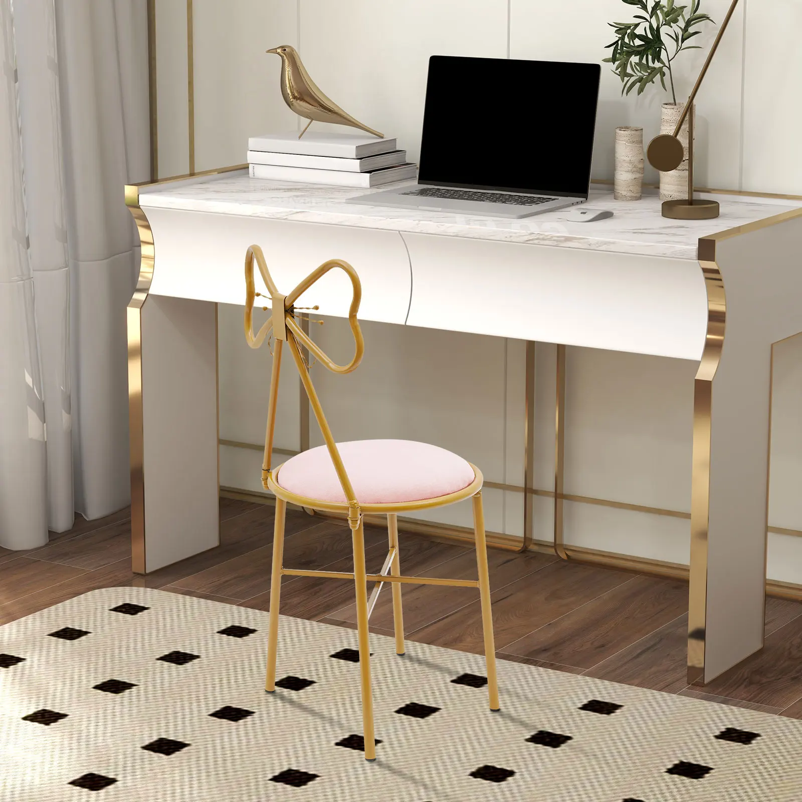 مقعد مكياج حديث، مقعد على شكل فراشة لطيف، مقعد عثماني، أرجل معدنية، كرسي طعام ذهبي لغرفة النوم وغرفة المعيشة #3