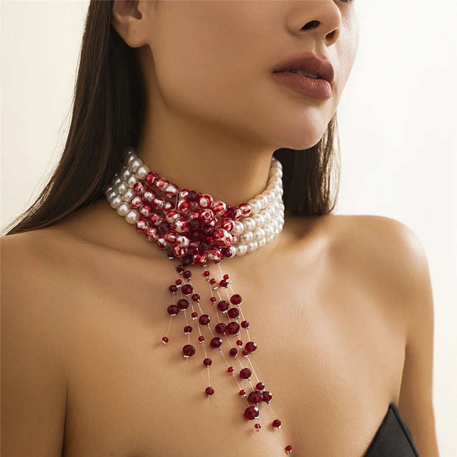 Goth Vintage Rote Blut Muster Imitation Perle Kette Halskette für Frauen Mi Braut Lange Quaste Perlen Anhänger Halloween Schmuck – Detail 5
