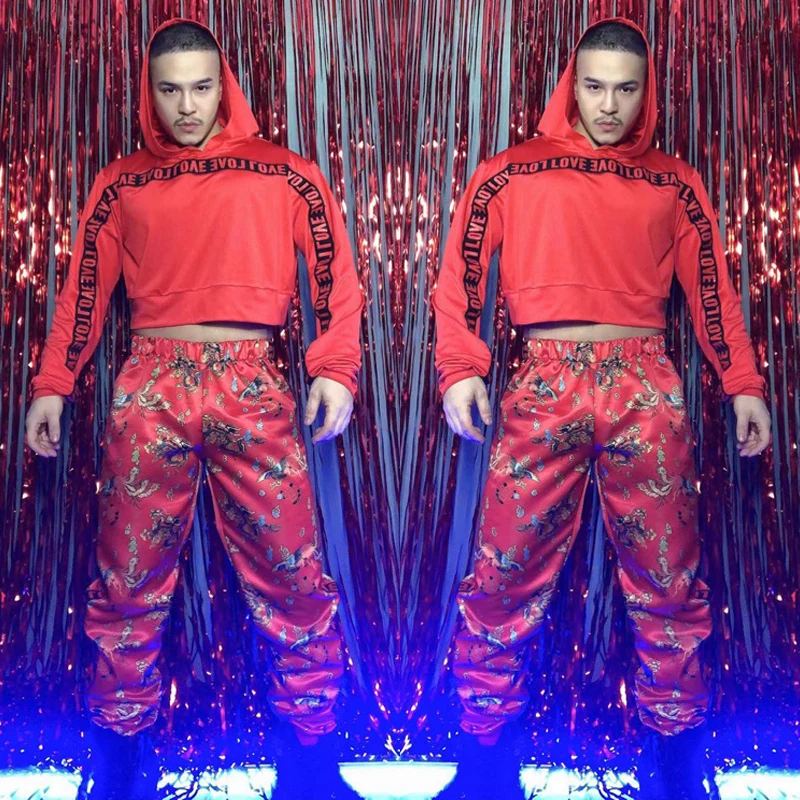 

Red Hoodie Sweatshirt Pants For Men Hiphop Jazz Dance Costume Bar Nightclub Dj Ds Rave Clothes Stage Show Rave Outfit XS1159