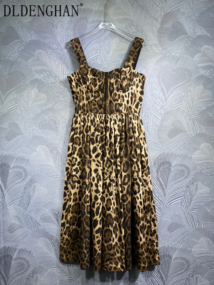 

DLDENGHAN 100% Cotton Dress Women's Spaghetti Strap Sleeveless Leopard Print Vintage Backless Dresses Fashion Designer New