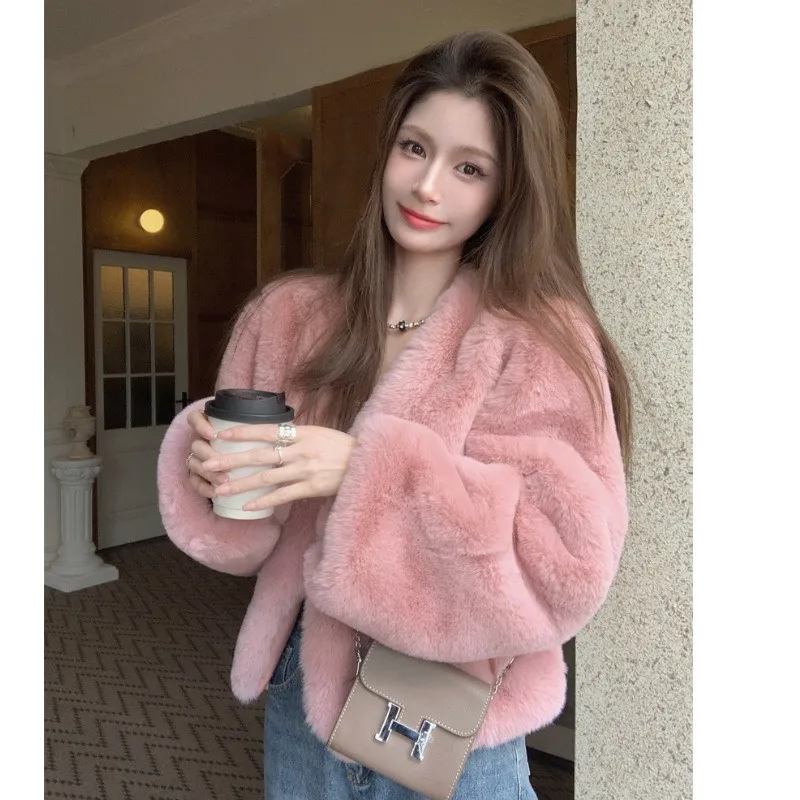 

Women Pink Faux Rabbit Fur Fluffy Jacket Short Winter Furry Coat