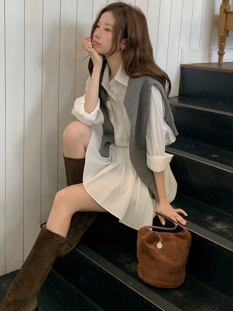 

Плиссированная юбка в стиле ретро для женщин, ранняя весна, элегантный воротник, юбка с поясом, корейский Sle, весна-осень...