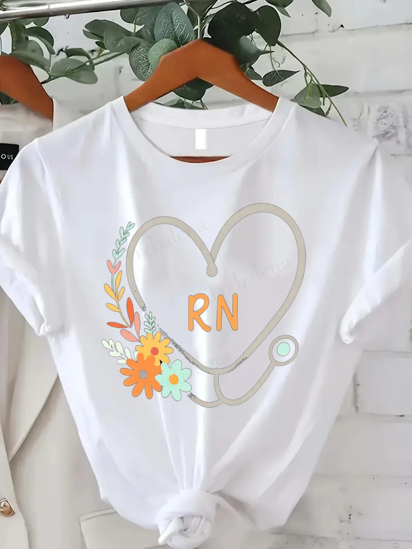 Women T-shirt Floral RN Stethoscope Heart T-Shirt for Nurses