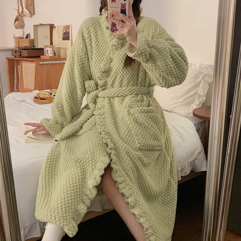 

Зимние женские пижамы, новая модель, коралловый флис, удобная одежда для сна, милый зеленый халат, утепленная фланелевая домашняя одежда на флисовой подкладке