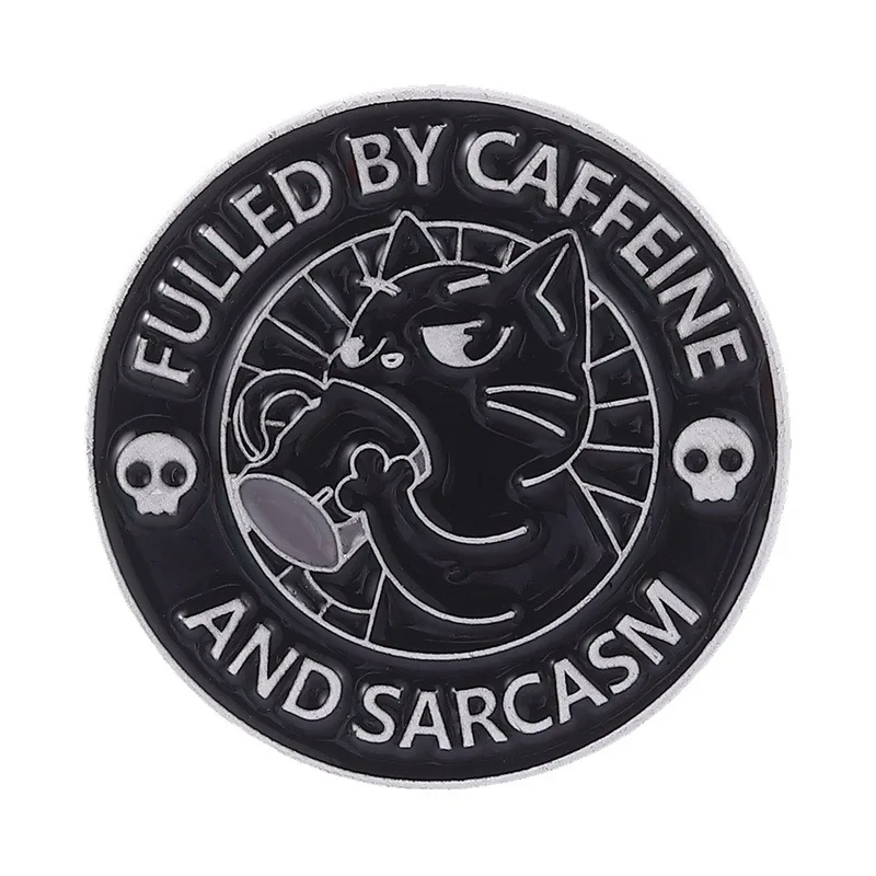 Creative Punk Black Cat  Enamel Pins Cats who enjoy drinking coffee Circular metal accessory badge Animal Jewelry Friends Gifts