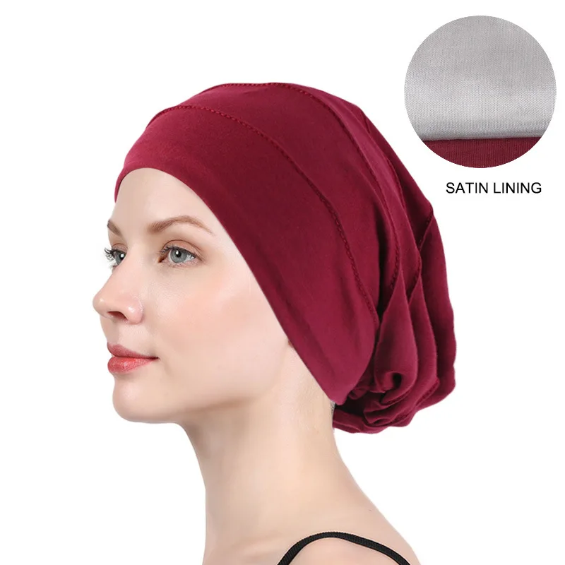 

New Women Soft satin lining India Hat Stretch Sleep cap Muslim Ruffle Cancer Chemo Hat Beanie Scarf Turban Head Wrap Arab Cap